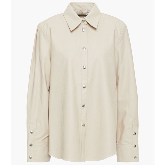 SARA BATTAGLIA Beige Faux Leather Oversized Boxy Snap Button Up Shirt Jacket L - Picture 10 of 13